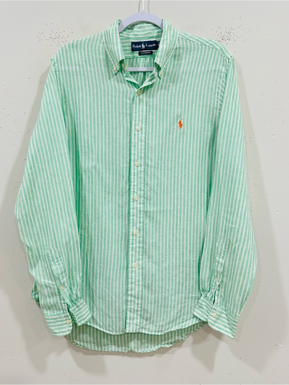 Ralph Lauren Men’s M/M Custom Fit Green White Striped 100% Linen Shirt